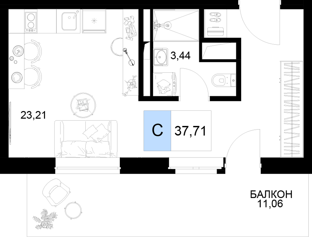 Планировка 1-комнатная 37,71 м²