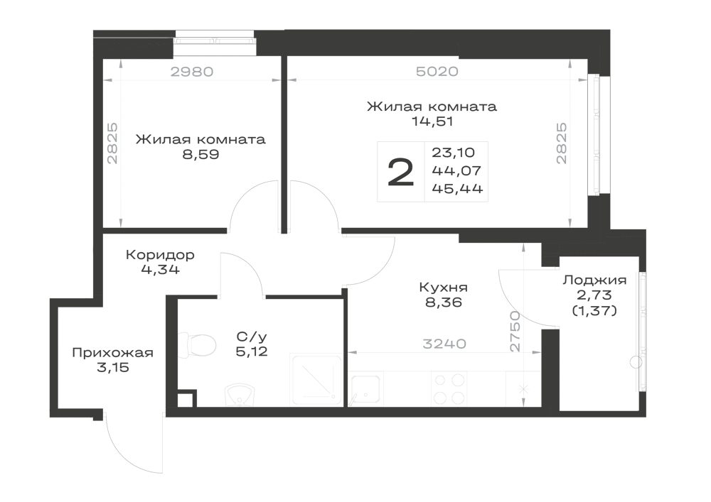 Планировка 2-комнатная 45,44 м²