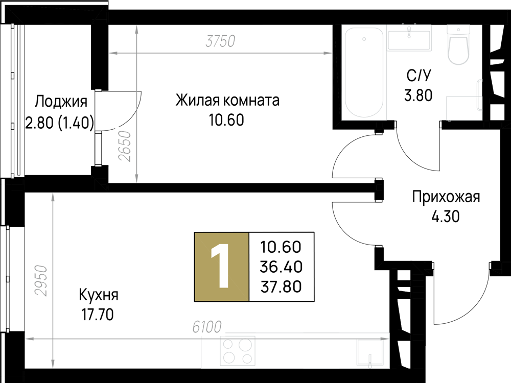 Планировка: 1-комн. квартира 37,8 м²