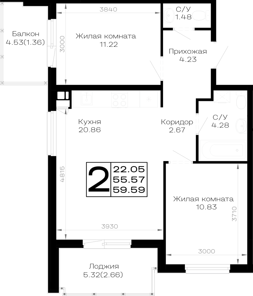 Планировка: 2-комн. квартира 59,6 м²