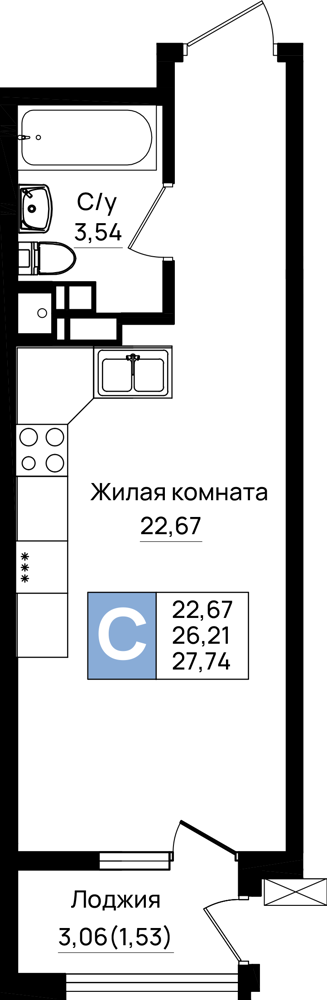 Планировка Студия 27,74 м²