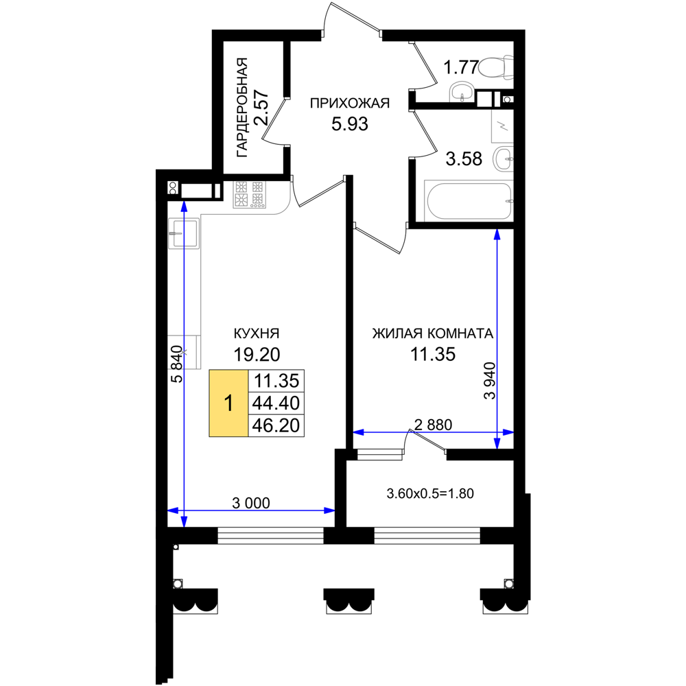 Планировка 1-комнатная 46,2 м²
