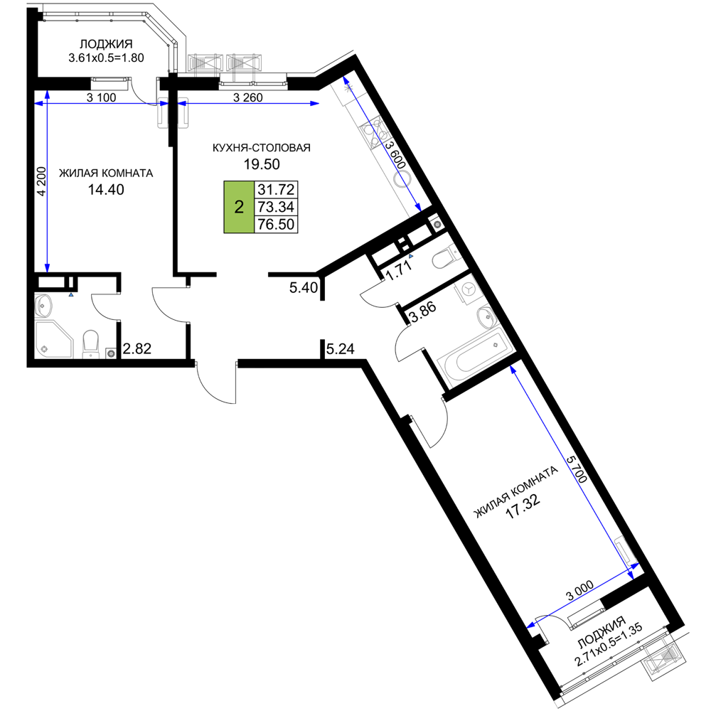 Планировка 2-комнатная 76,5 м²
