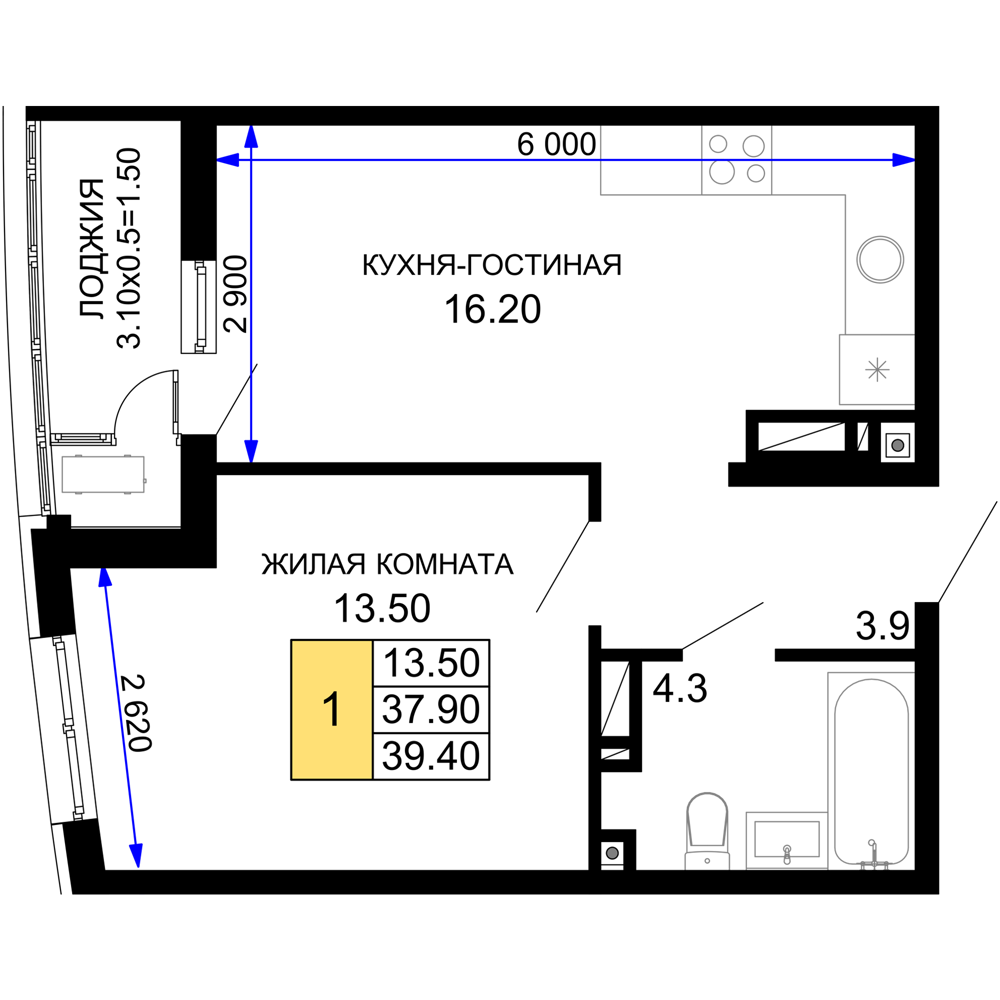 Планировка 1-комнатная 39,4 м²