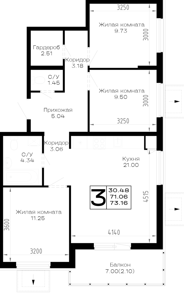 Планировка: 3-комн. квартира 73,2 м²