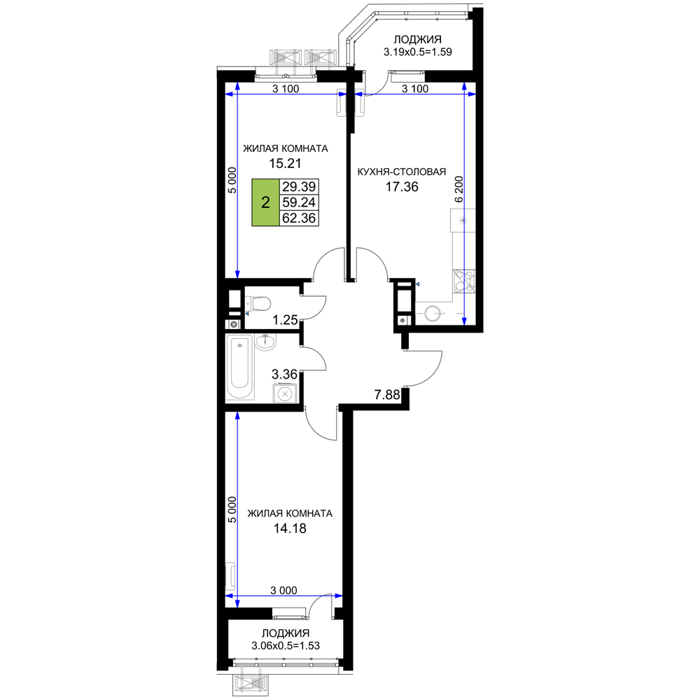 Планировка 2-комнатная 62,36 м²