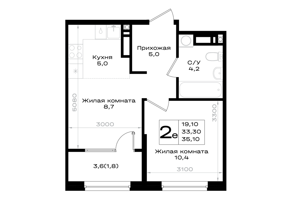Планировка 2-комнатная 35,1 м²