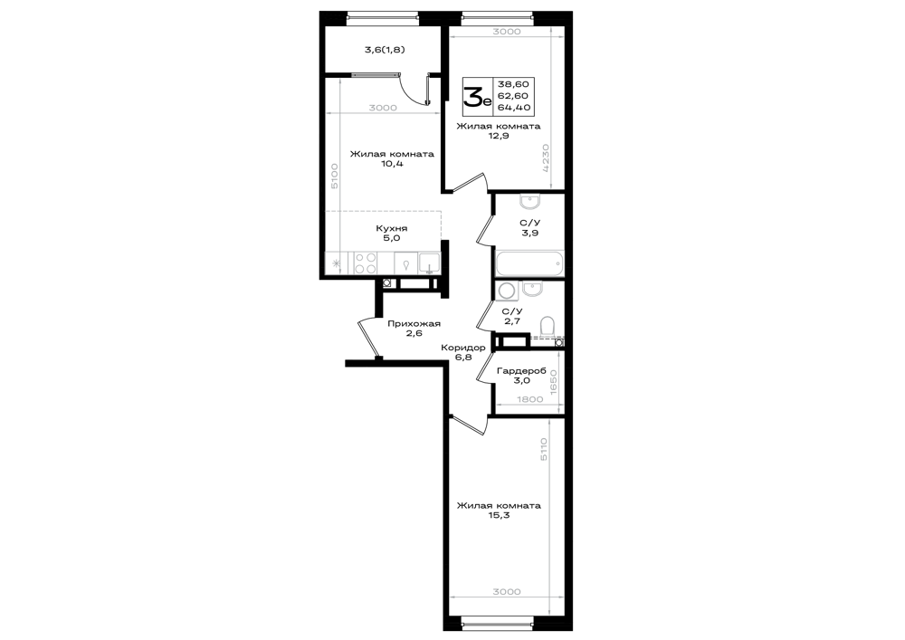Планировка 3-комнатная 64,4 м²