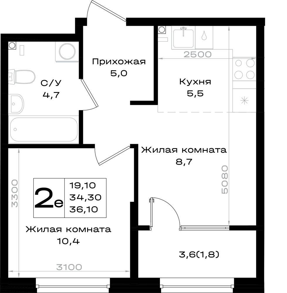 Планировка 2-комнатная 36,1 м²
