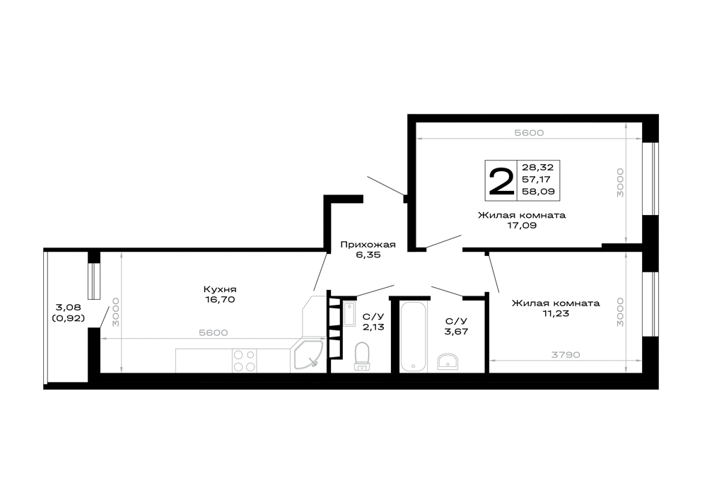 Планировка: 2-комн. квартира 58,1 м²