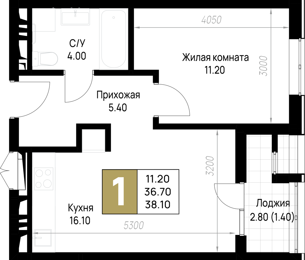 Планировка 1-комнатная 38,1 м²