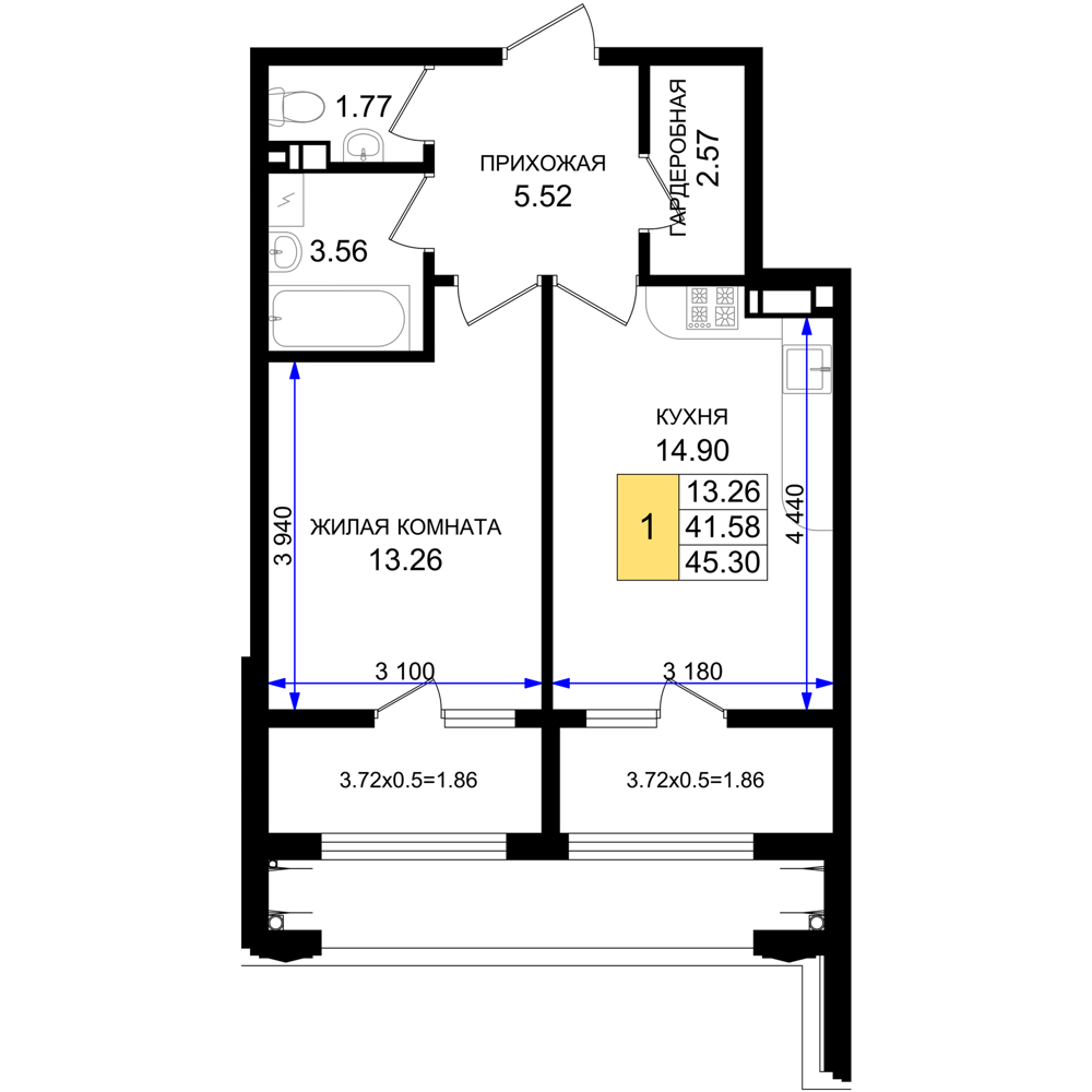 Планировка 1-комнатная 45,3 м²