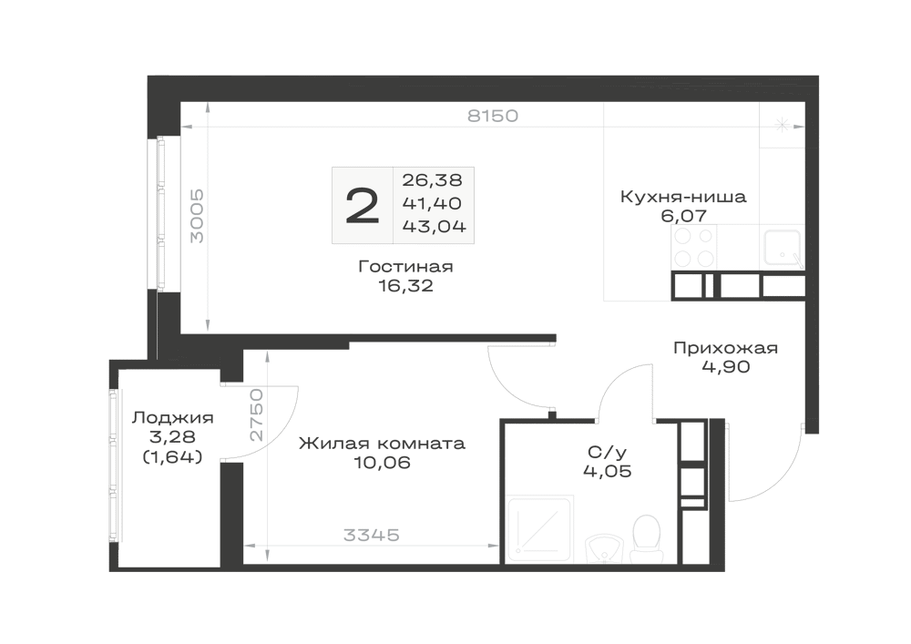 Планировка Студия 43,04 м²