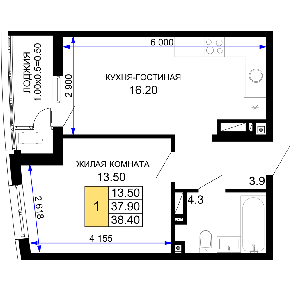 Планировка 1-комнатная 38,4 м²