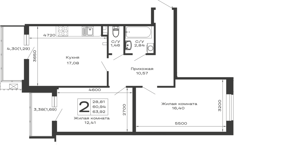 Планировка: 2-комн. квартира 63,9 м²