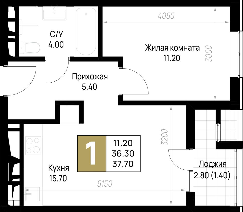 Планировка 1-комнатная 37,7 м²
