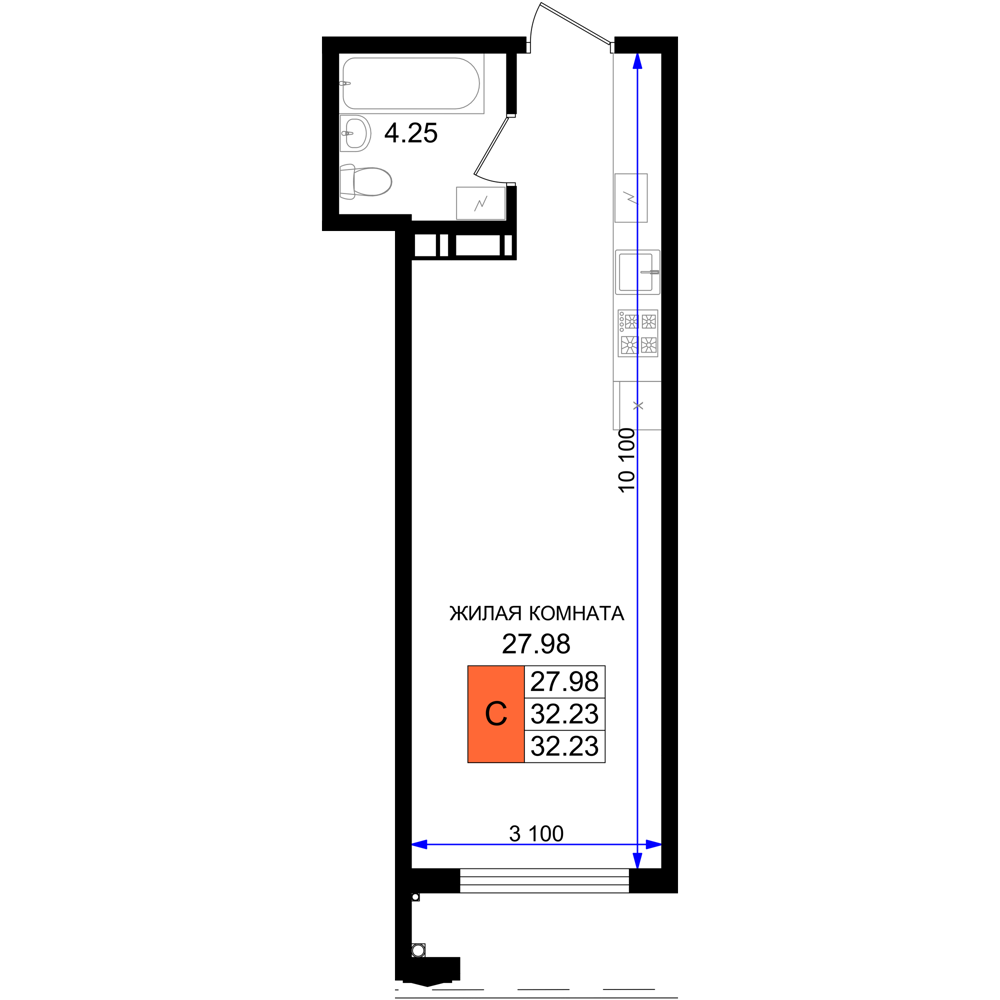 Планировка Студия 32,23 м²