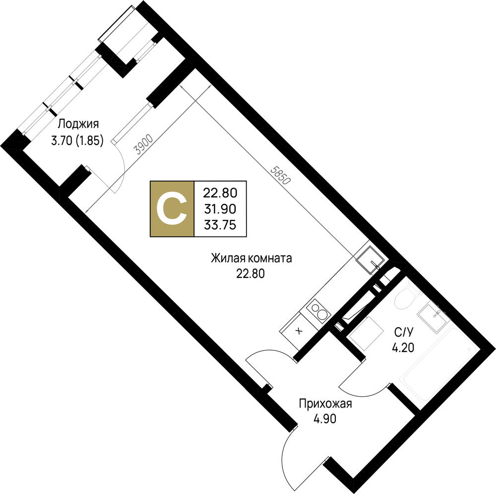 Планировка: Студия 33,8 м²