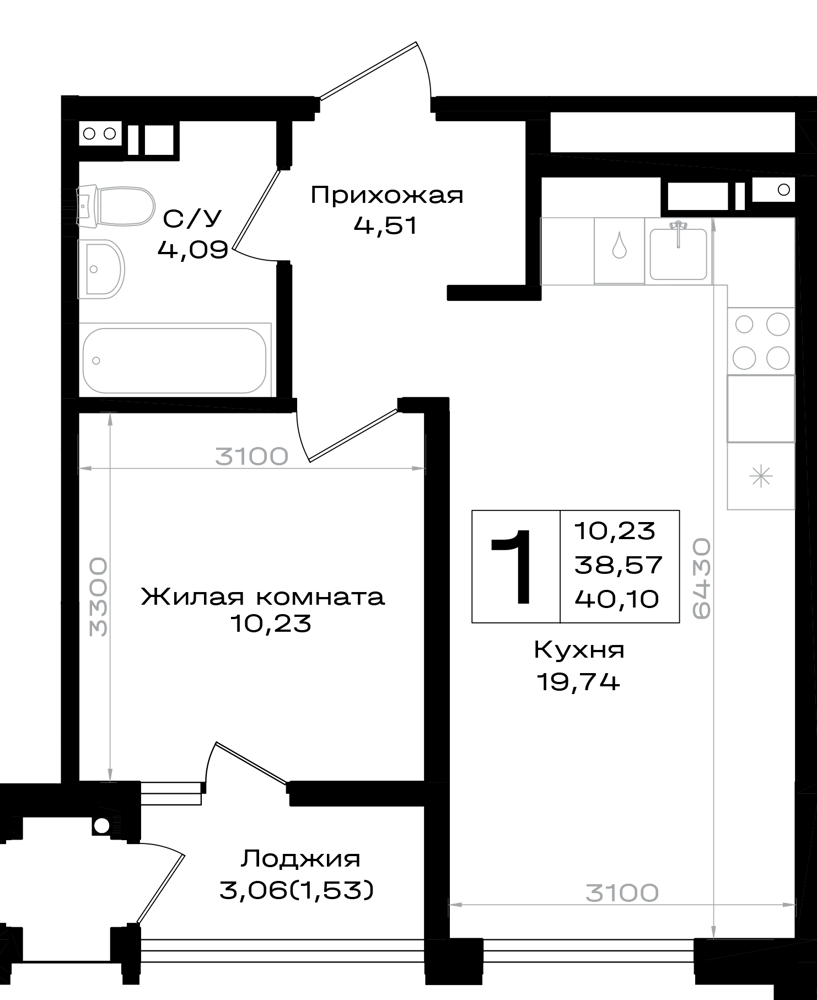 Планировка 1-комнатная 40,1 м²