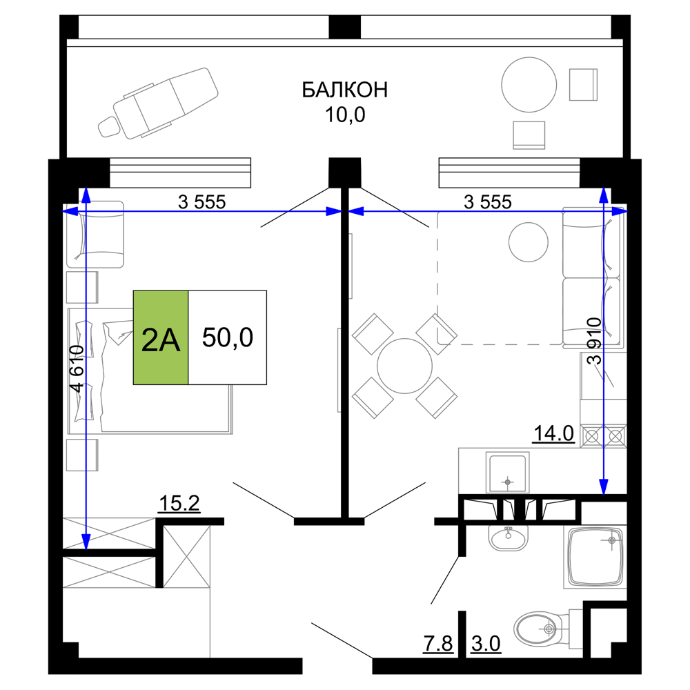 Планировка 2-комнатная 50 м²