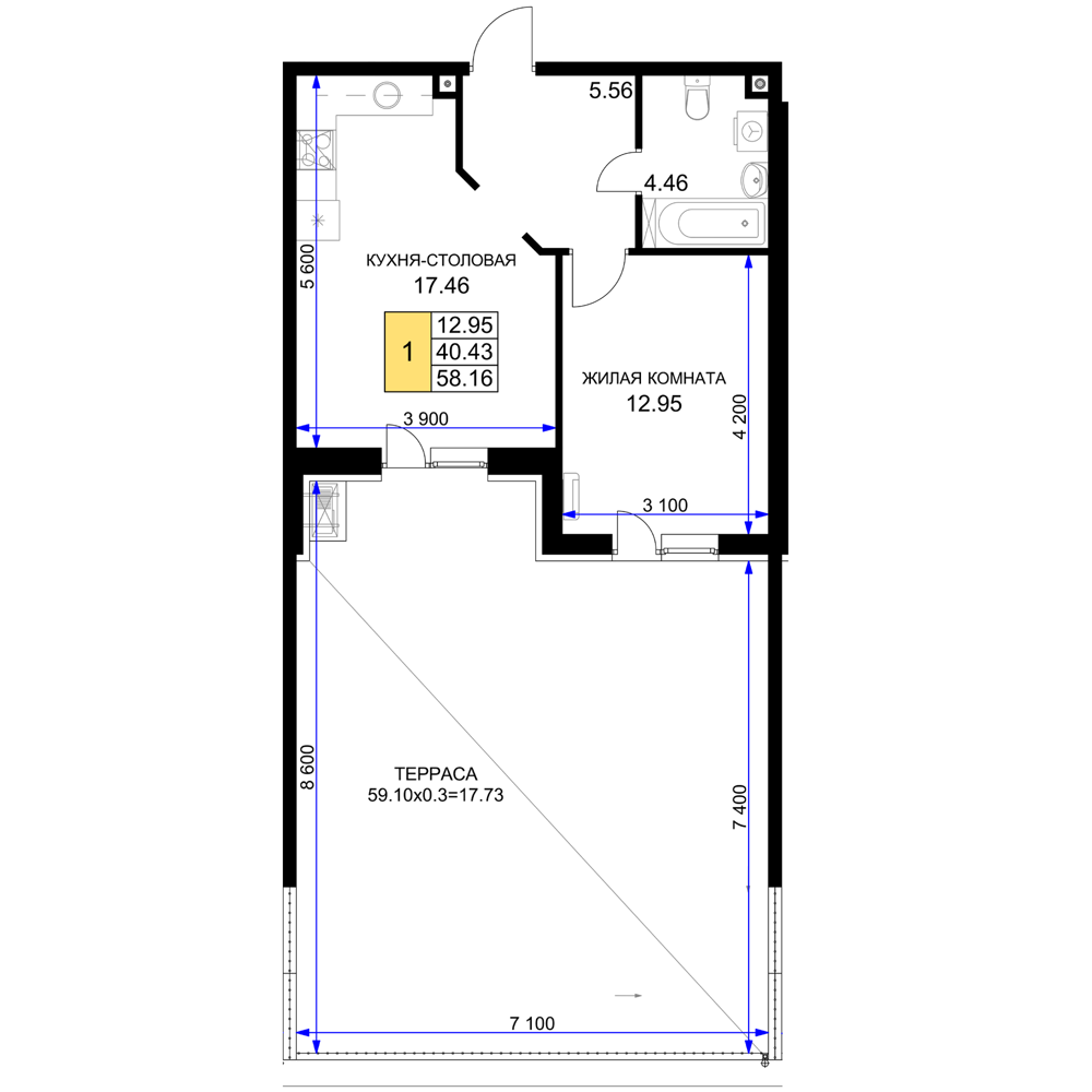 Планировка 1-комнатная 58,16 м²