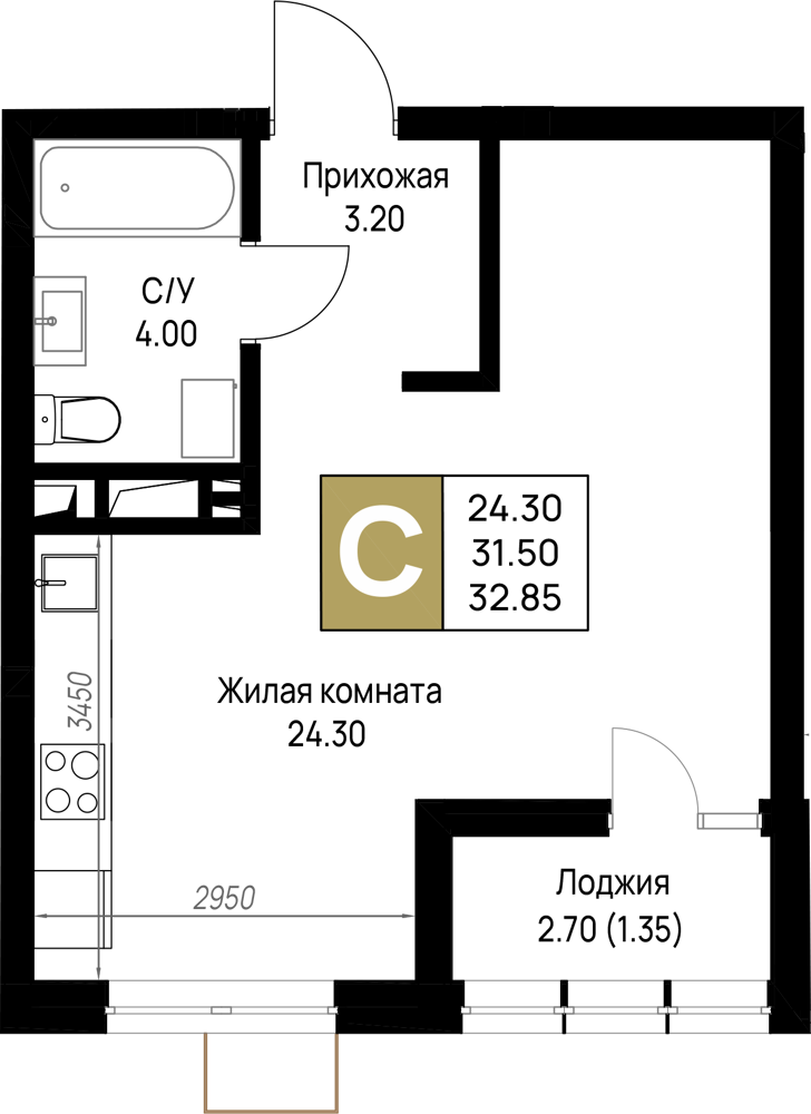 Планировка: Студия 32,9 м²