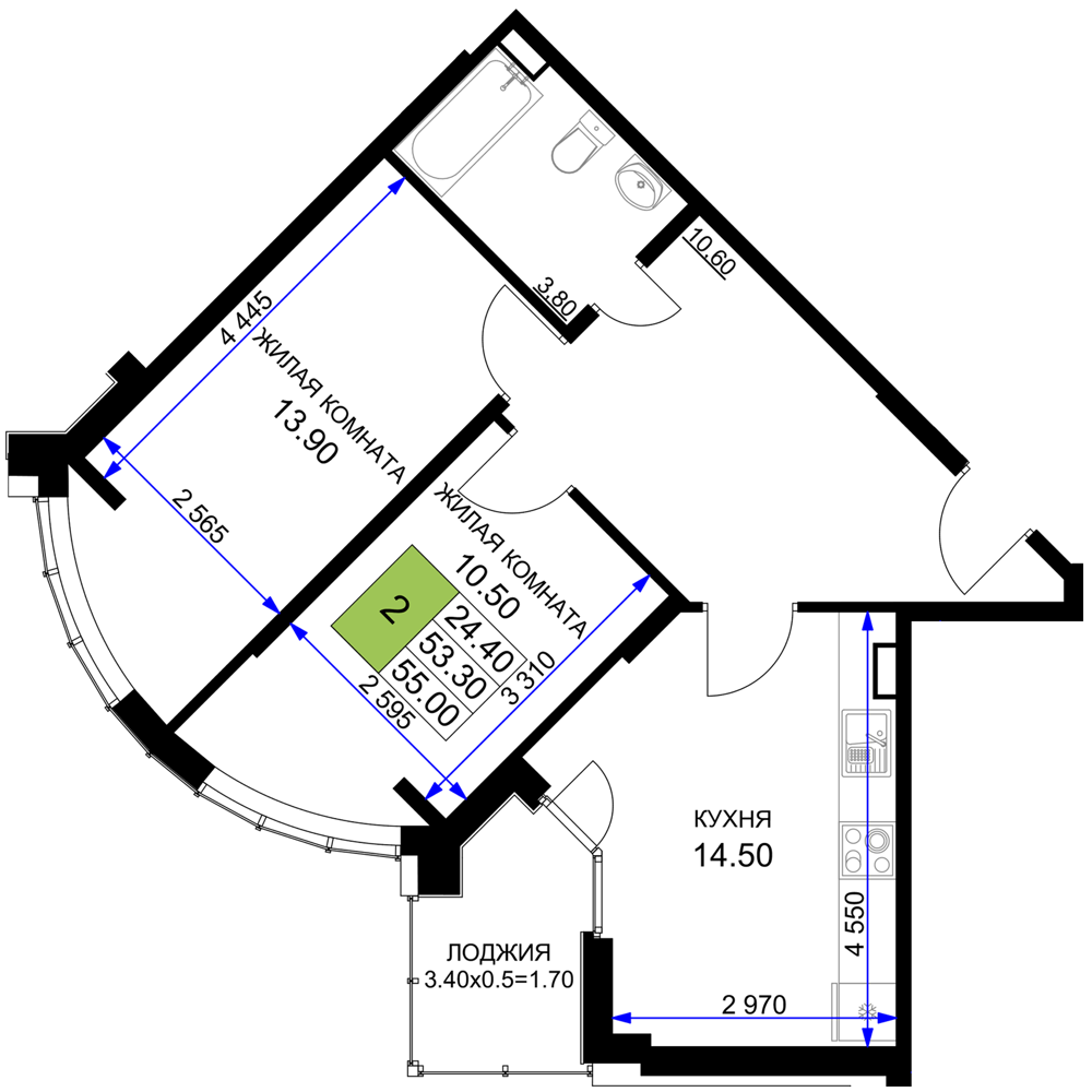 Планировка 2-комнатная 55 м²