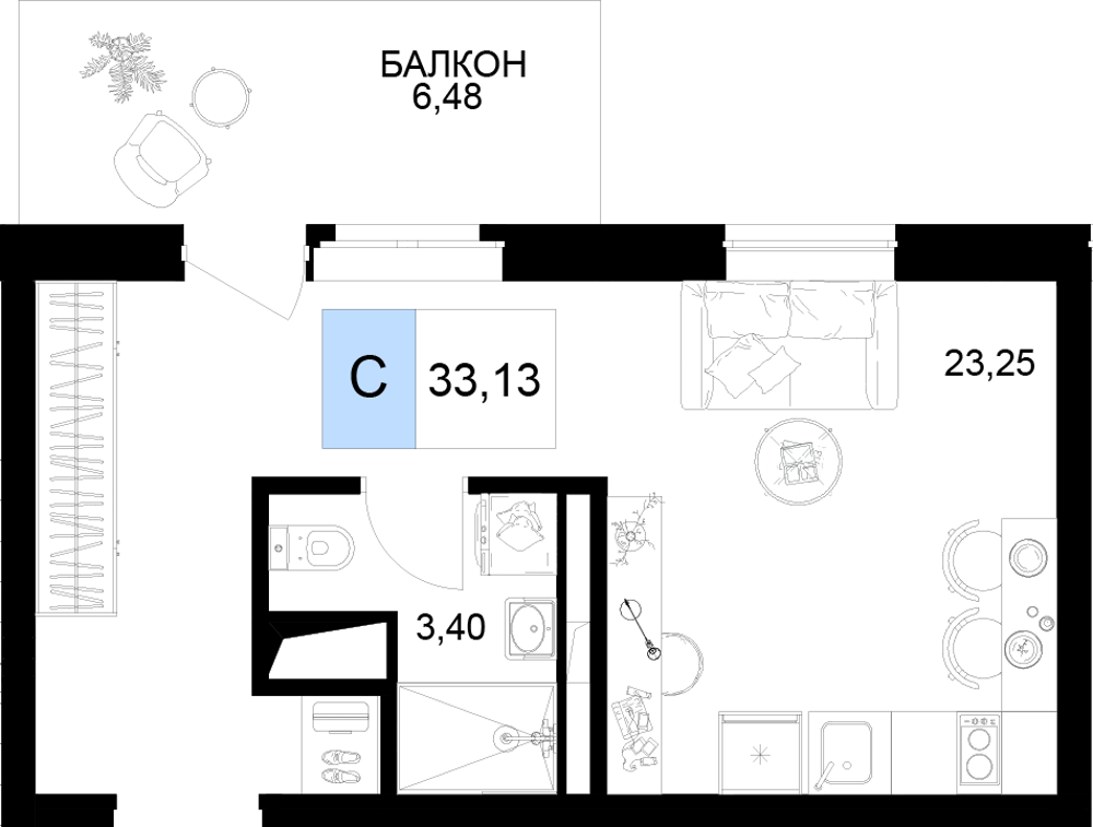 Планировка 1-комнатная 33,13 м²