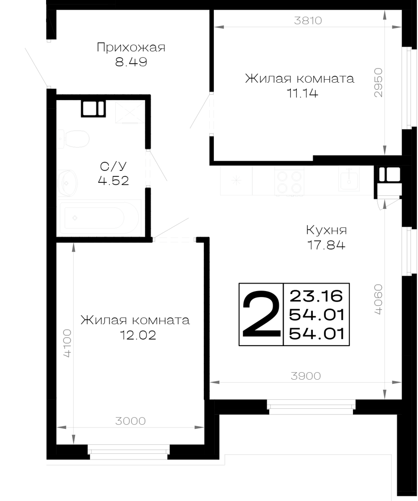 Планировка 2-комнатная 54,01 м²
