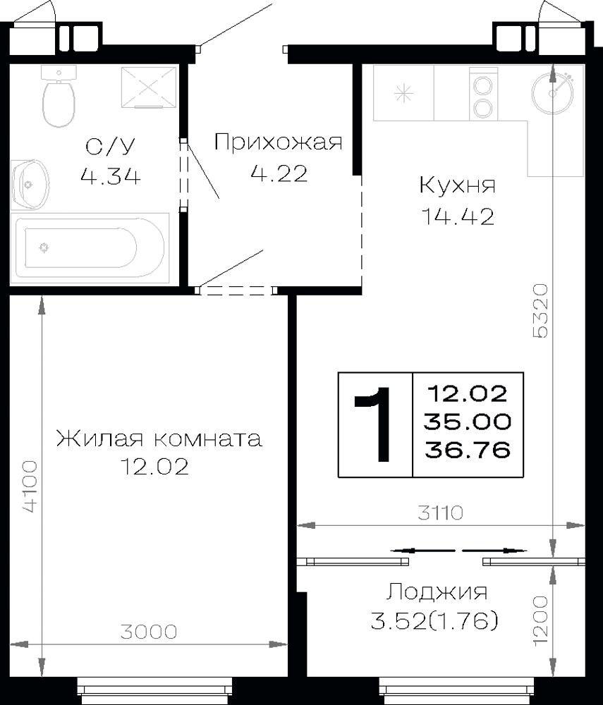 Планировка: 1-комн. квартира 36,8 м²