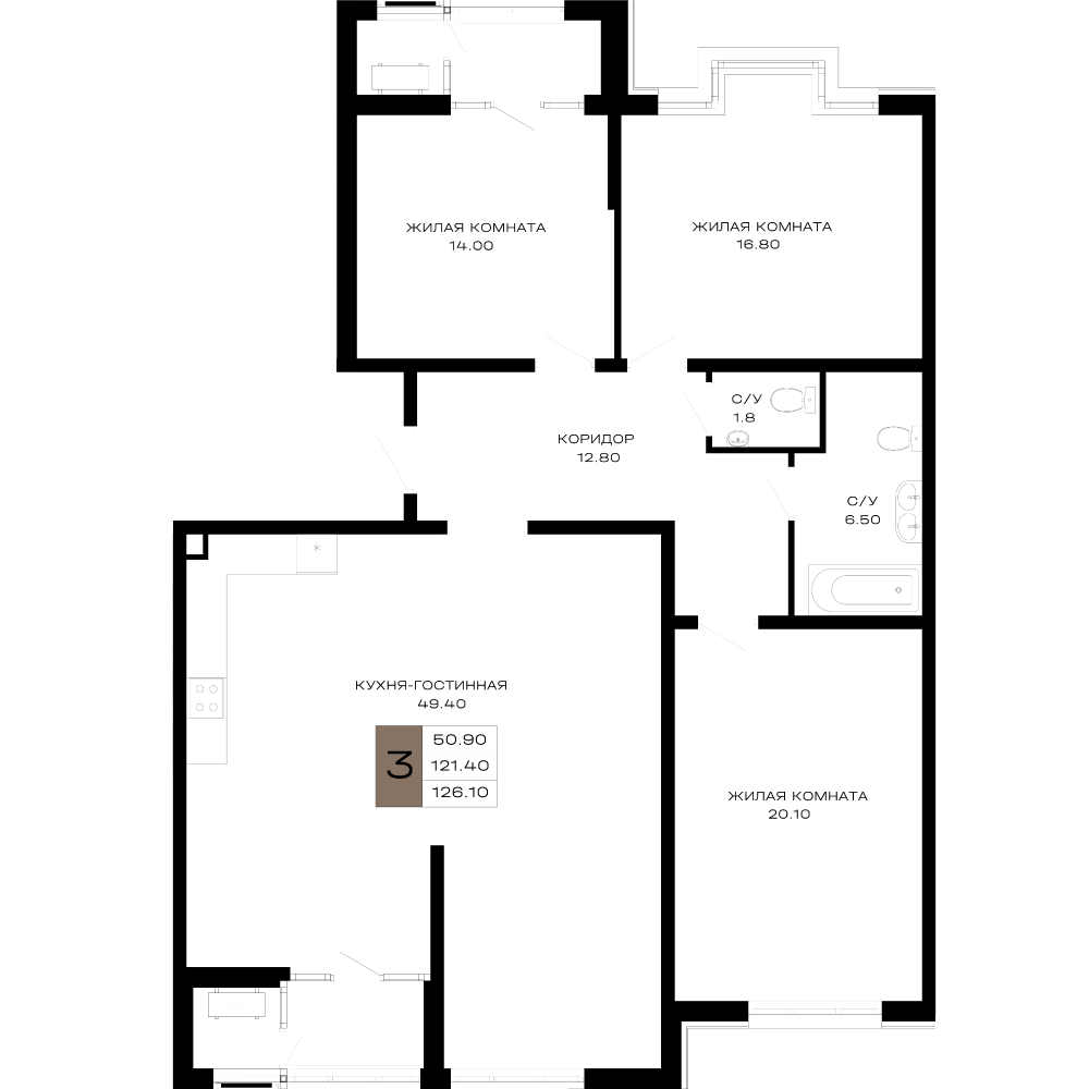 Планировка 3-комнатная 124,52 м²