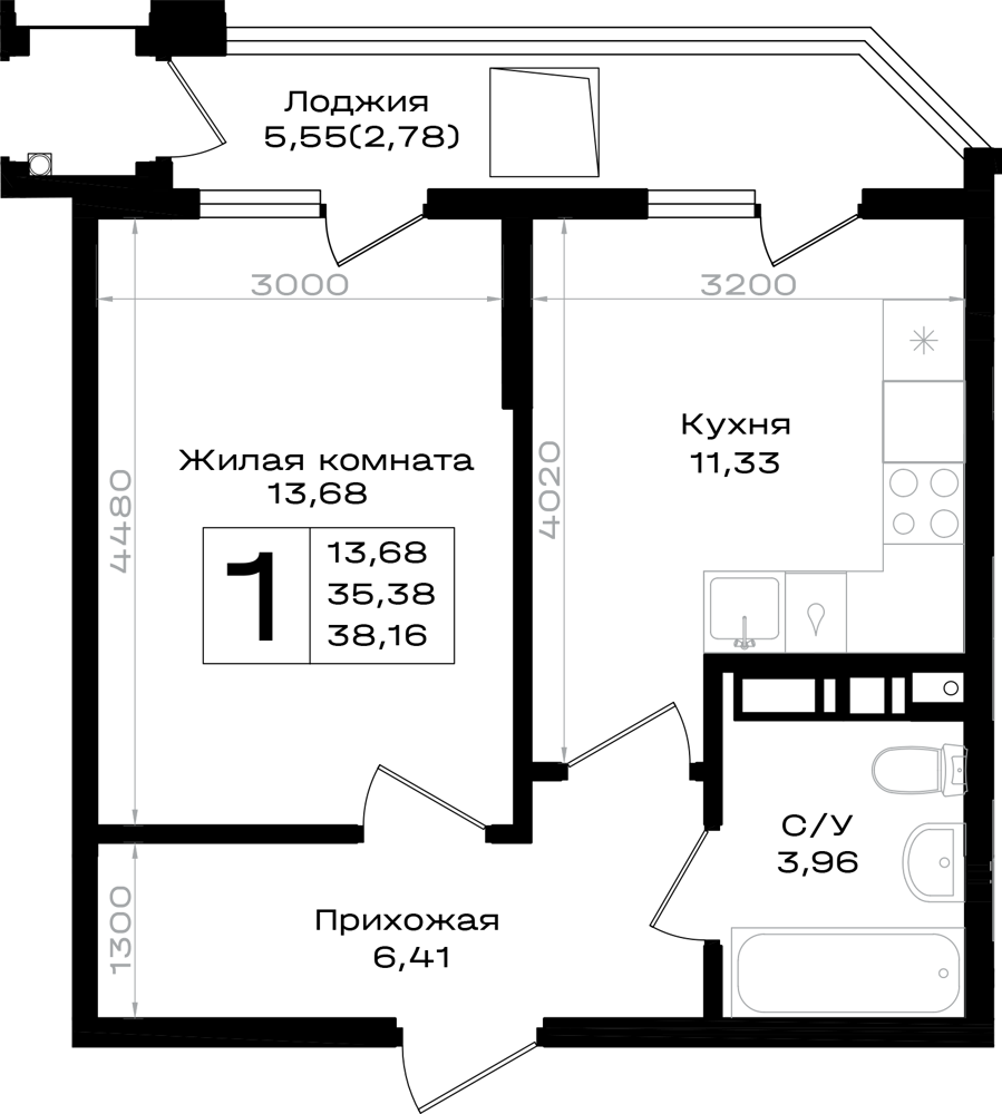 Планировка 1-комнатная 38,16 м²