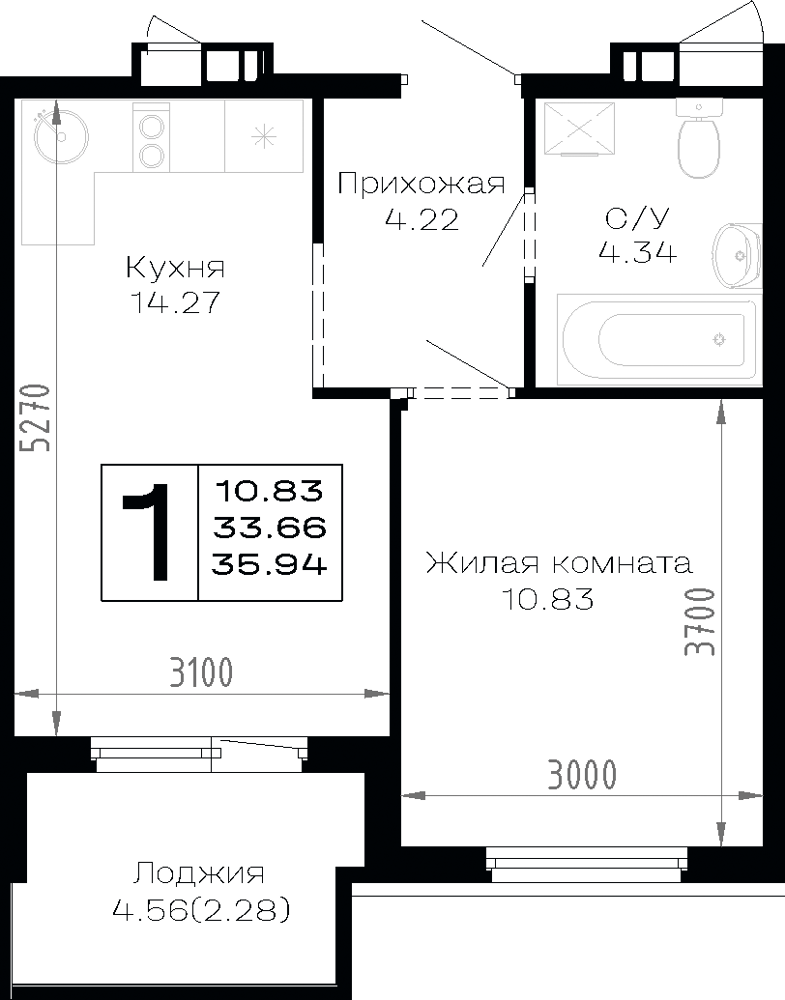 Планировка: 1-комн. квартира 35,9 м²