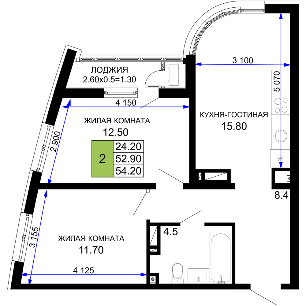 Планировка 2-комнатная 54,2 м²