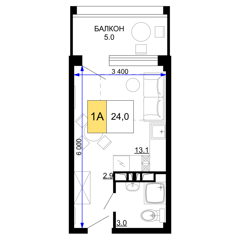 Планировка 1-комнатная 24 м²