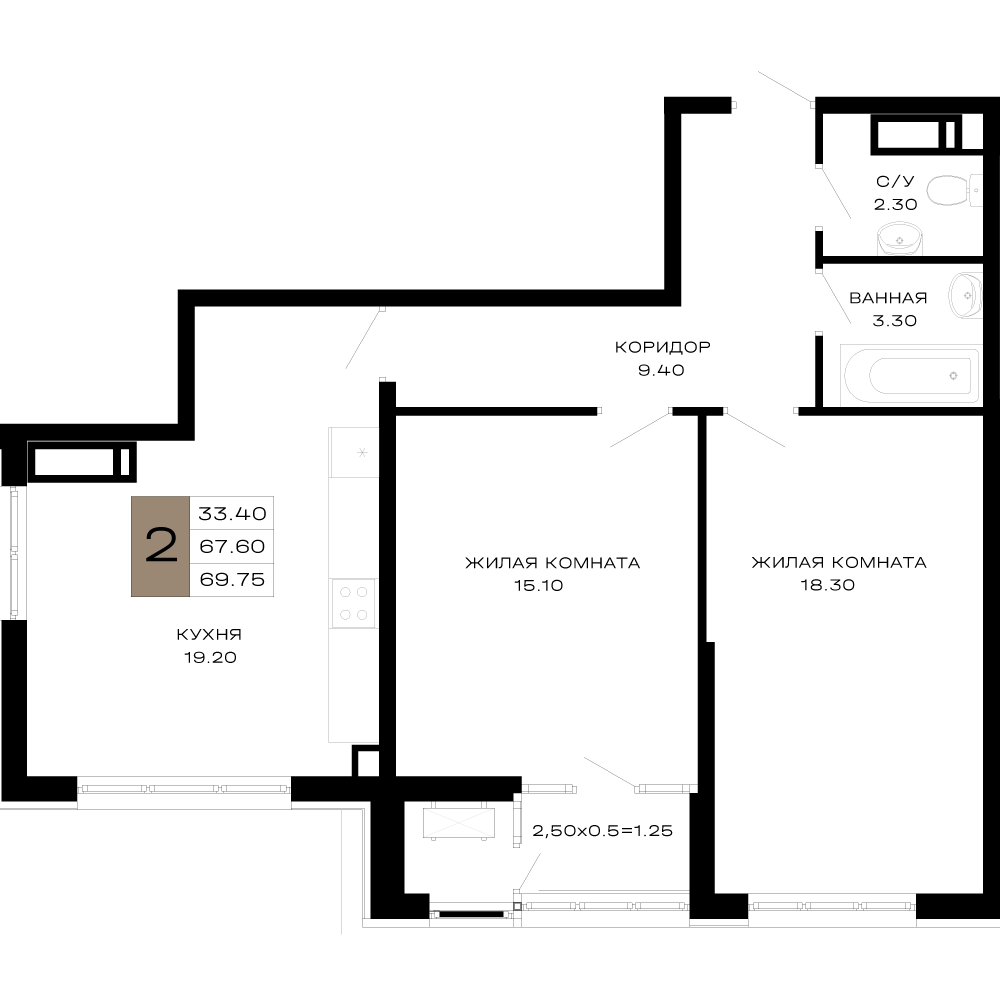 Планировка 2-комнатная 69,31 м²