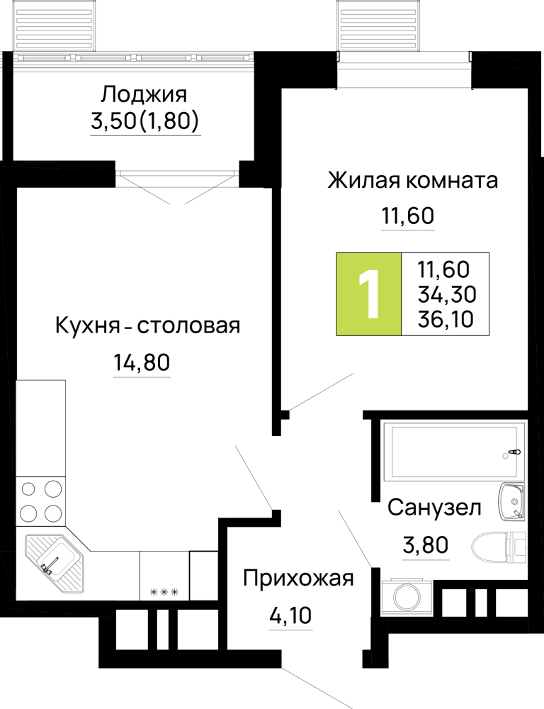 Планировка 1-комнатная 36,1 м²