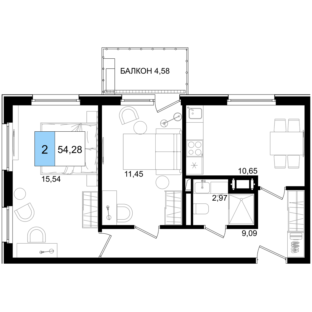Планировка 3-комнатная 54,28 м²