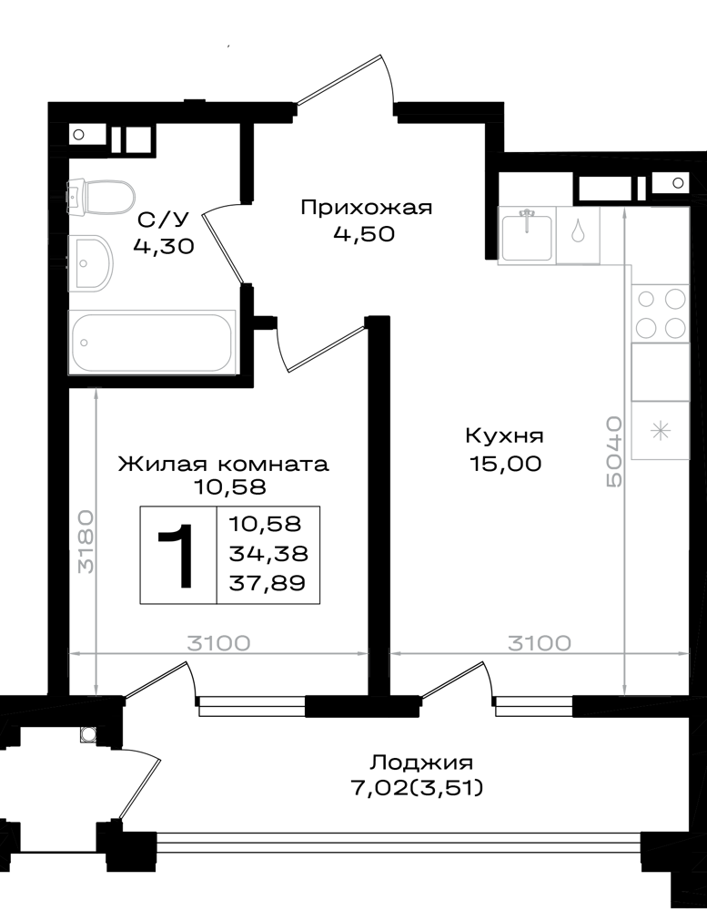 Планировка 1-комнатная 37,89 м²
