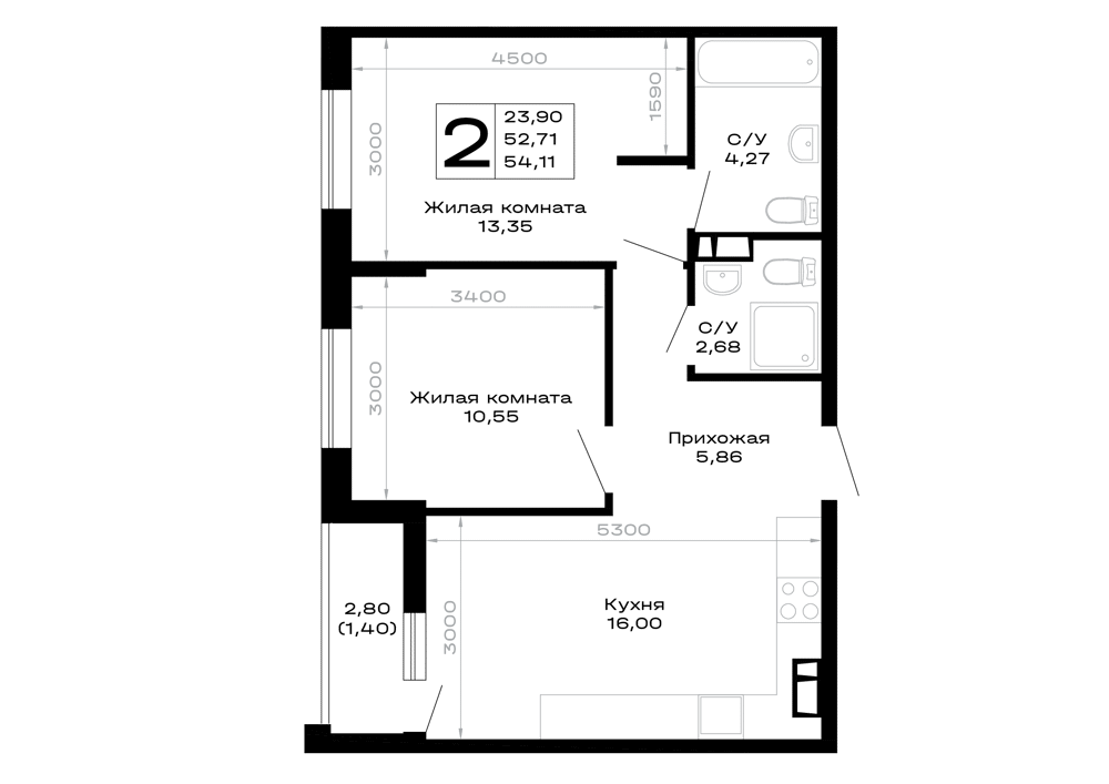 Планировка: 2-комн. квартира 54,1 м²
