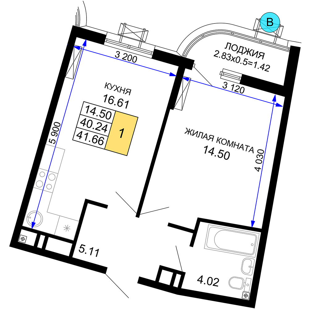 Планировка 1-комнатная 41,66 м²