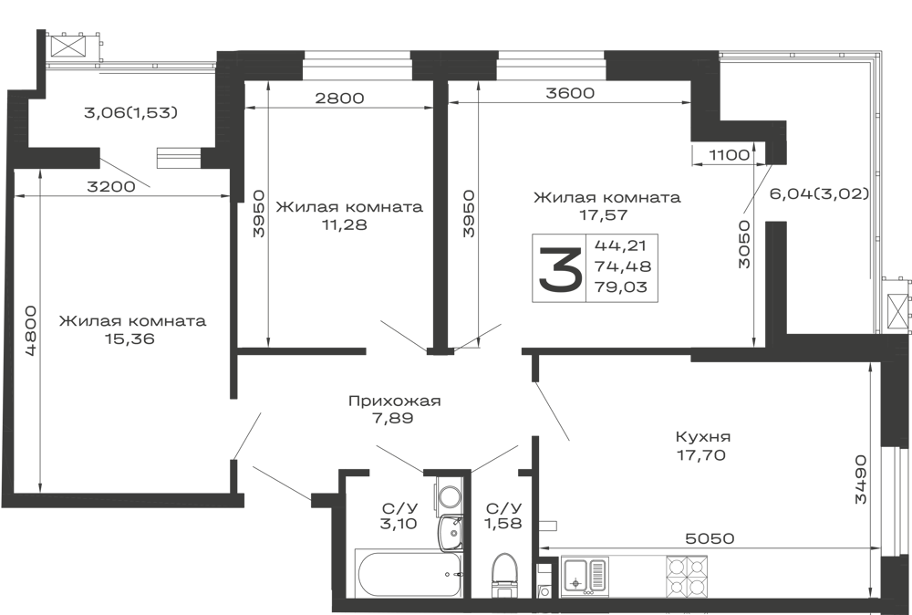 Планировка: 3-комн. квартира 79 м²