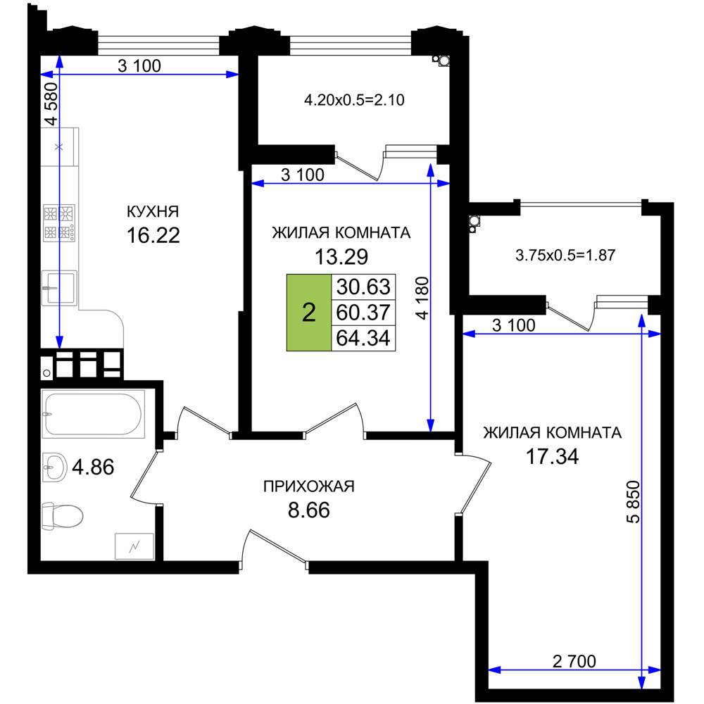 Планировка 2-комнатная 64,34 м²