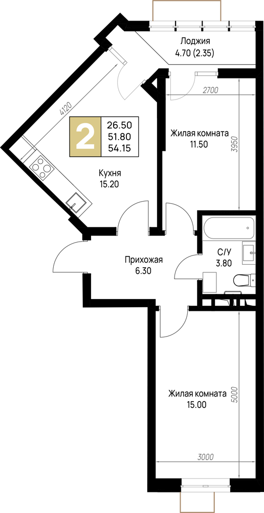 Планировка 2-комнатная 54,15 м²