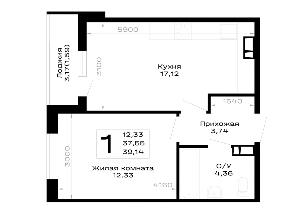 Планировка: 1-комн. квартира 39,1 м²