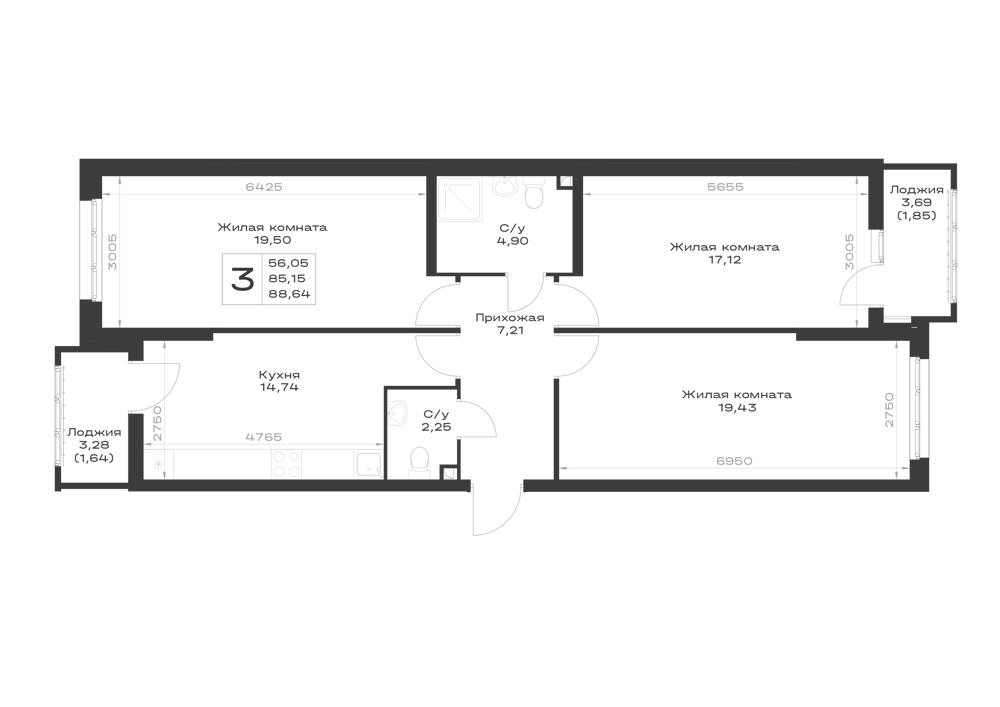 Планировка 3-комнатная 88,64 м²
