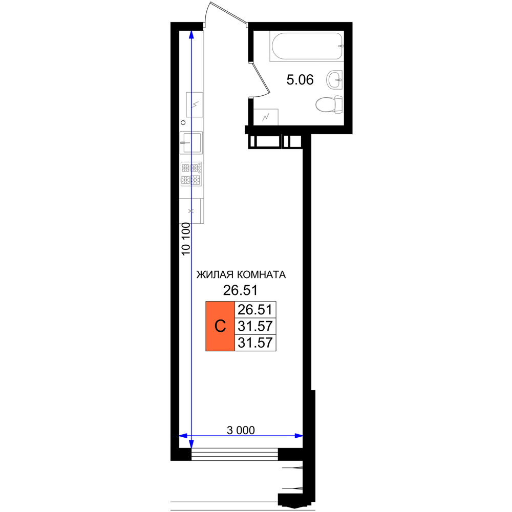 Планировка Студия 31,57 м²