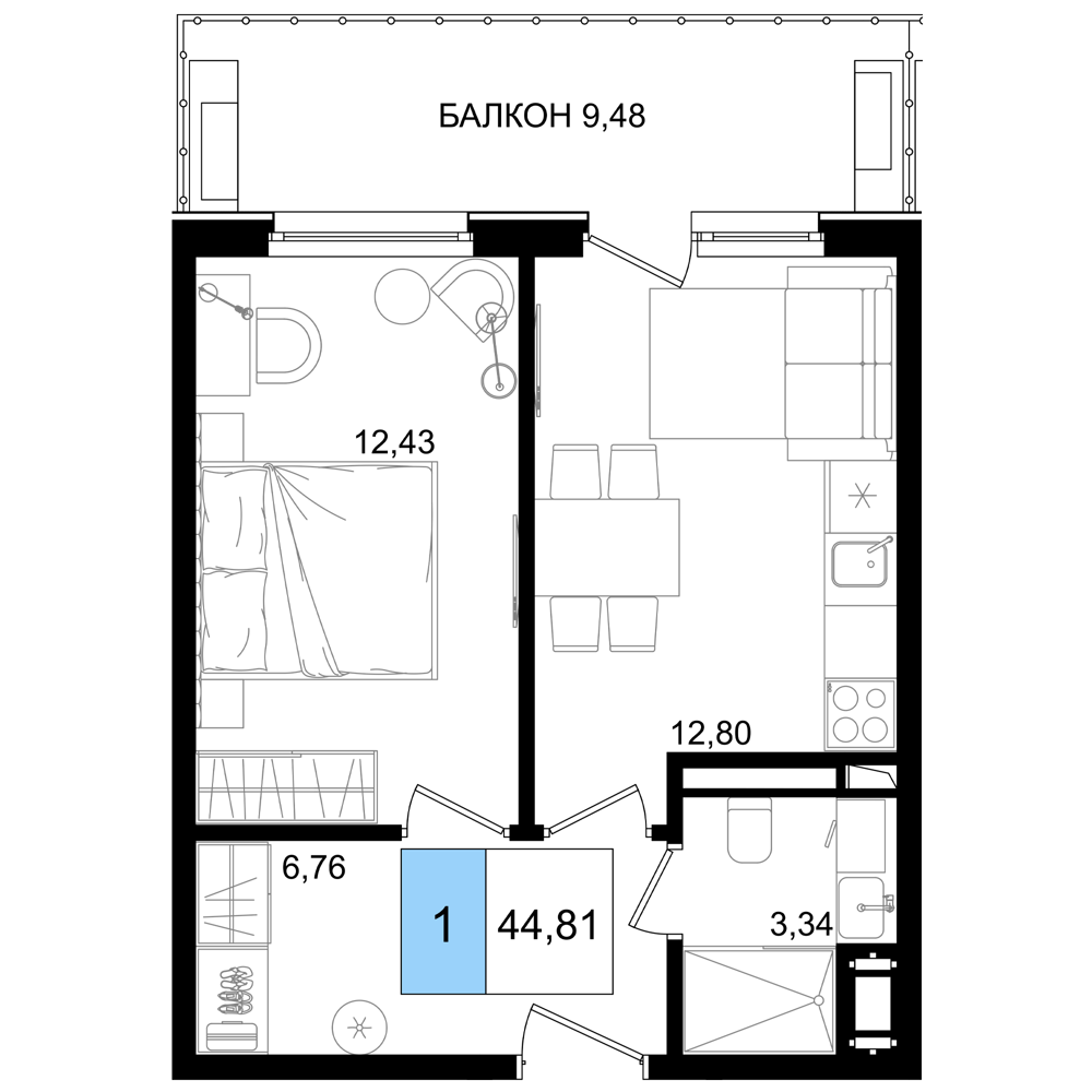 Планировка 2-комнатная 44,81 м²