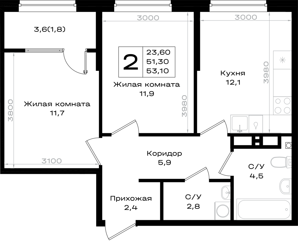Планировка 2-комнатная 53,1 м²