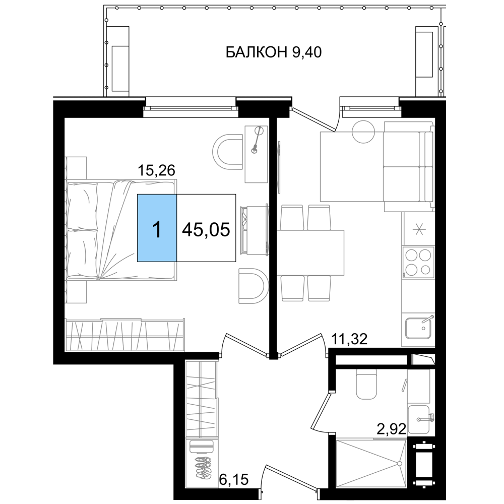 Планировка 2-комнатная 45,05 м²